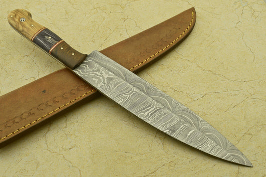 Custom Handmade Forged Damascus Steel Chef Kitchen Knife with Pakka, Olive & Rose Wood Handle – 13.50"