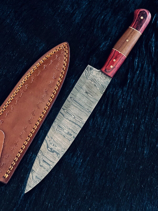 13" Custom Handmade Ladder Damascus Steel Santoku Chef Knife – Camping & Hunting Knife