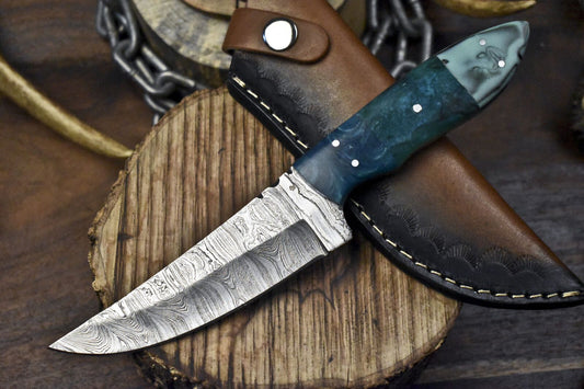 9" Twist Damascus Skinner Knife with Corian Handle and Micarta Bolster – Closeout Hunting Gift