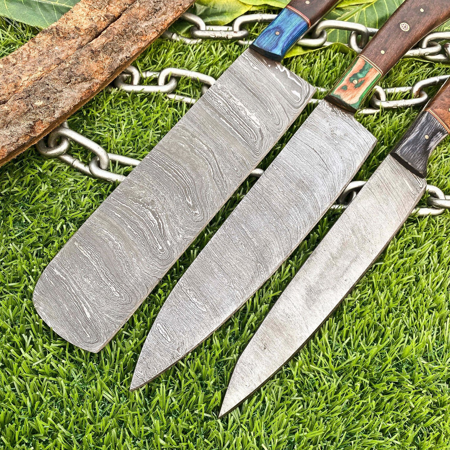 Lot of 3 Handmade Damascus Steel Chef Knives Set – Full Tang Kitchen Knife Collection