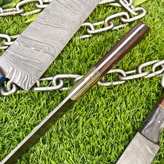 Lot of 3 Handmade Damascus Steel Chef Knives Set – Full Tang Kitchen Knife Collection