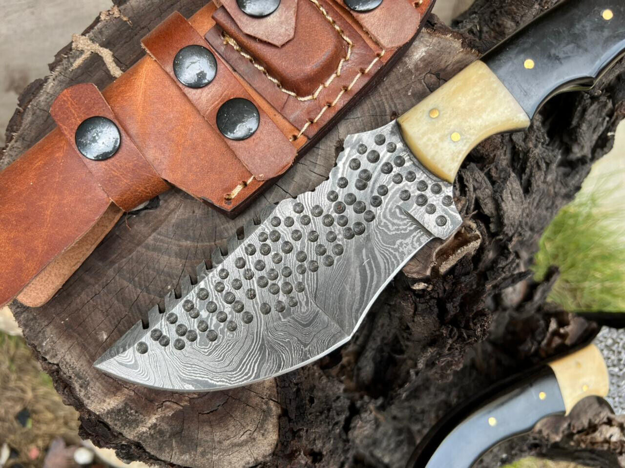10.0" Custom Handmade Damascus Steel Tracker Knife | Full Tang Bull Horn Handle
