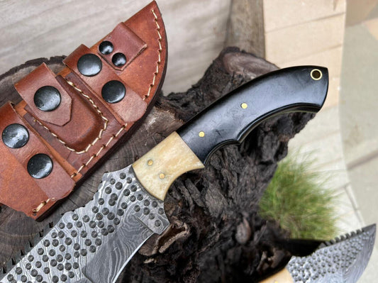 10.0" Custom Handmade Damascus Steel Tracker Knife | Full Tang Bull Horn Handle