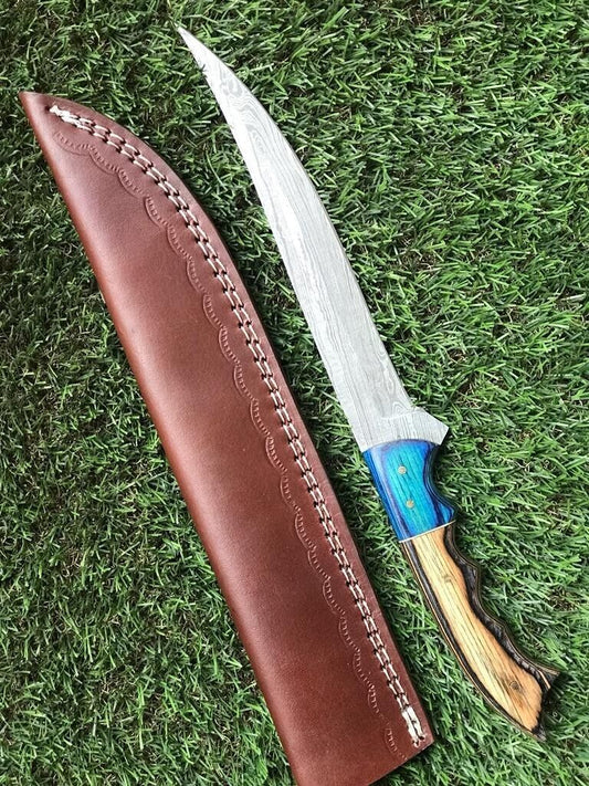 12" Custom Handmade Damascus Steel Fillet, Chef, Brisket & Hunting Knife with Leather Sheath