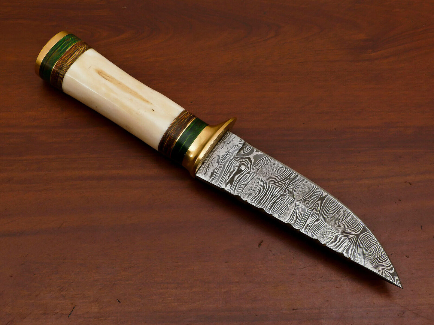 Heritage Forge 10 Inch Damascus Steel Bowie Knife with Camel Bone and Pakka Wood Handle for Hunting and Camping