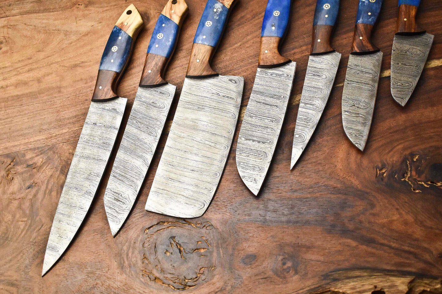 Custom Lot Of 7 Handmade Hammered Damascus Steel Blade Chef Set Knife