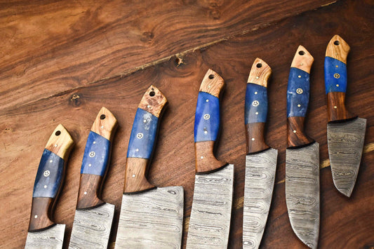 Custom Lot Of 7 Handmade Hammered Damascus Steel Blade Chef Set Knife
