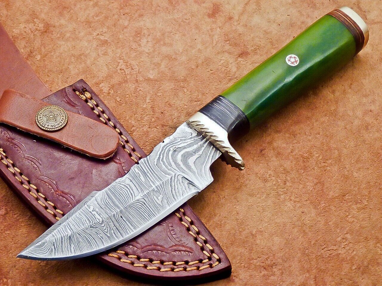 8" Damascus Bowie Knife – Camel Bone Handle & Brass Bolster