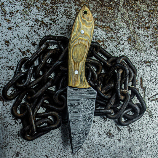 8.5" Custom Damascus Steel Bowie Knife – Wood Handle, Tactical Design