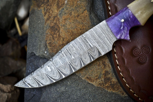 Twist Damascus Skinner Knife with Bone Handle and Micarta Bolster – Survival Hunting Tool with Leather Sheath