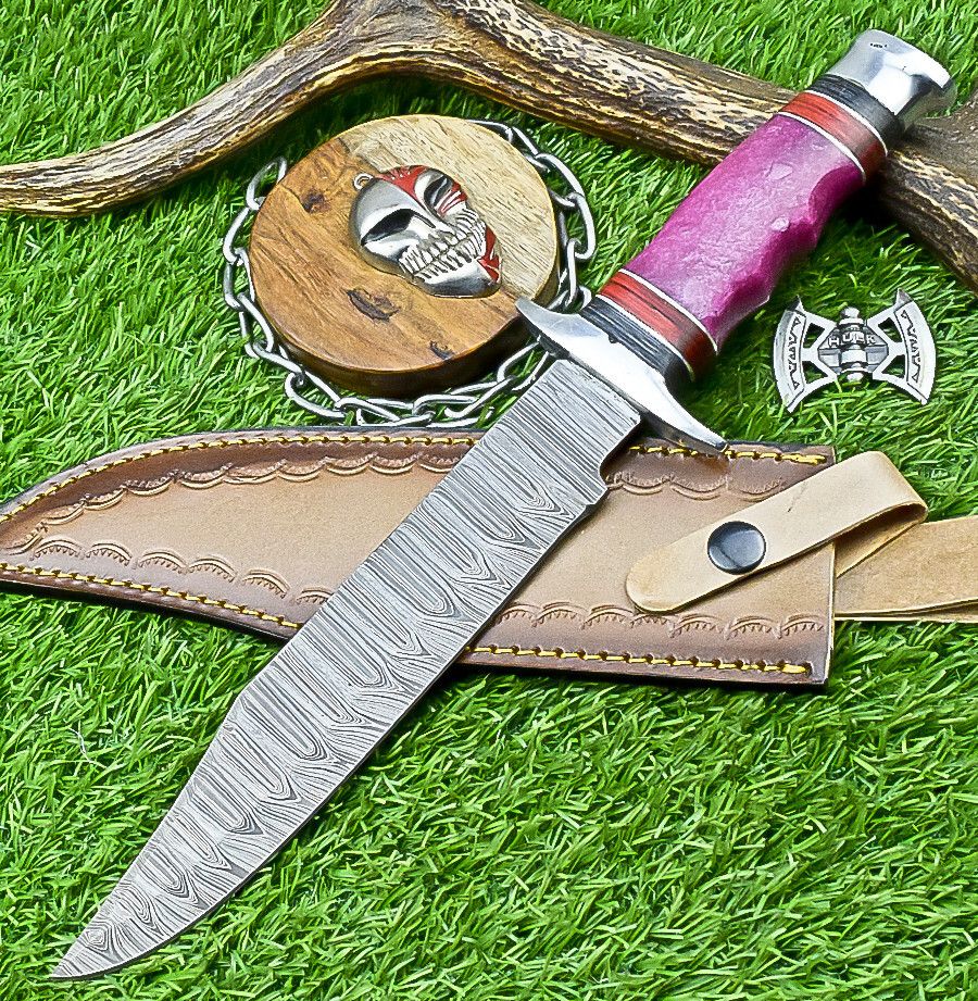 14" Premium Damascus Bowie Knife – Resin Handle & Leather Sheath