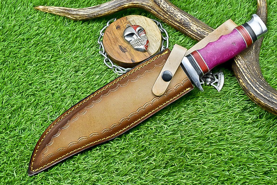 Hand Forged Custom Bowie Knife Damascus Steel Knife with Antler Handle & Leather Sheath