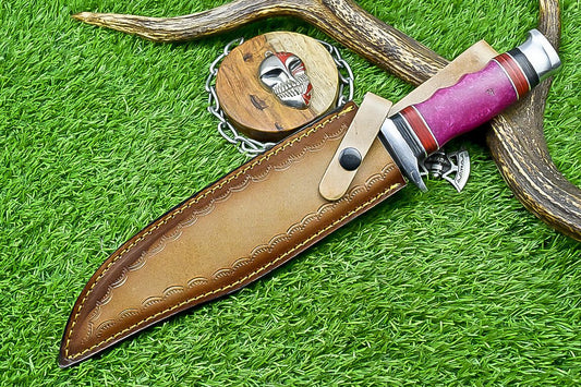 14" Premium Damascus Bowie Knife – Resin Handle & Leather Sheath