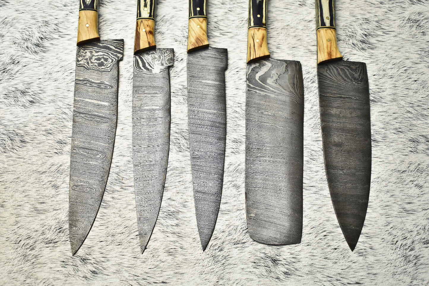 Lot of 5 Handmade Damascus Hammered Full Tang Chef Knife Set – Hardwood Handles