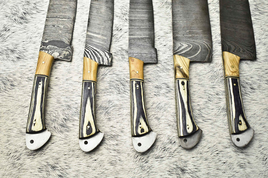 Lot of 5 Handmade Damascus Hammered Full Tang Chef Knife Set – Hardwood Handles