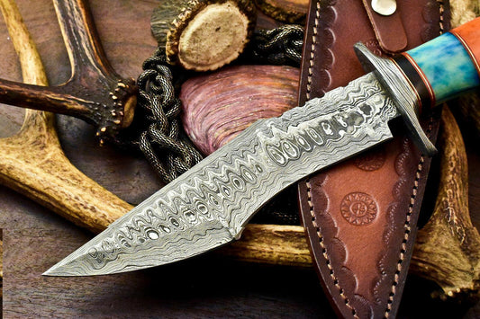 13" Custom Damascus Steel Bowie Knife with Camel Bone Handle & Leather Sheath