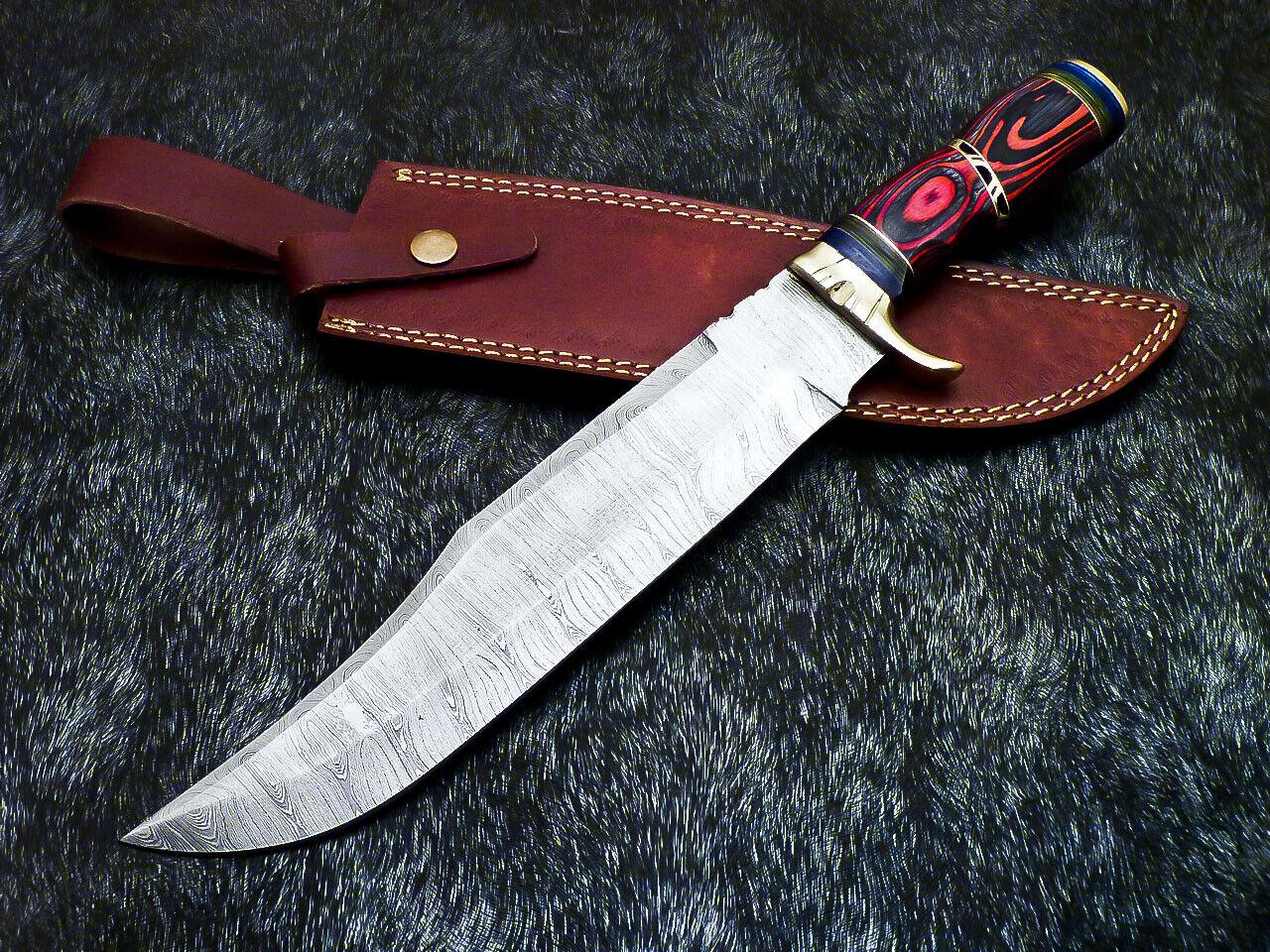 Handmade Damascus Bowie Hunting Knife – Hard Wood Handle