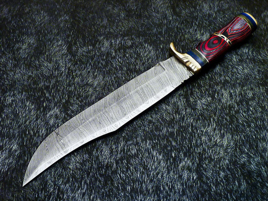 Handmade Damascus Bowie Hunting Knife – Hard Wood Handle