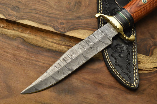 12 Inch Forged Damascus Bowie Knife with Hardwood Handle and Brass Guard