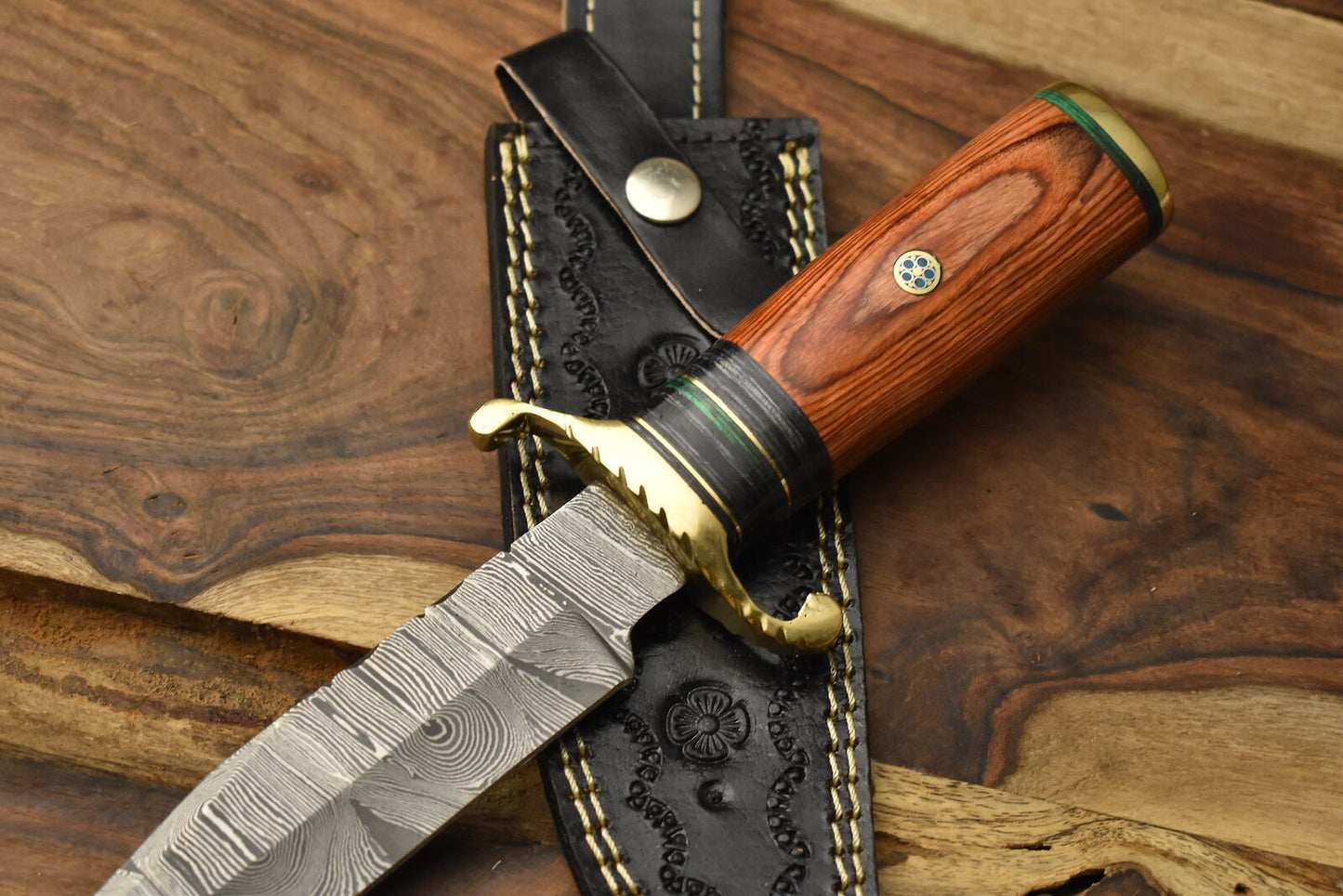12 Inch Forged Damascus Bowie Knife with Hardwood Handle and Brass Guard