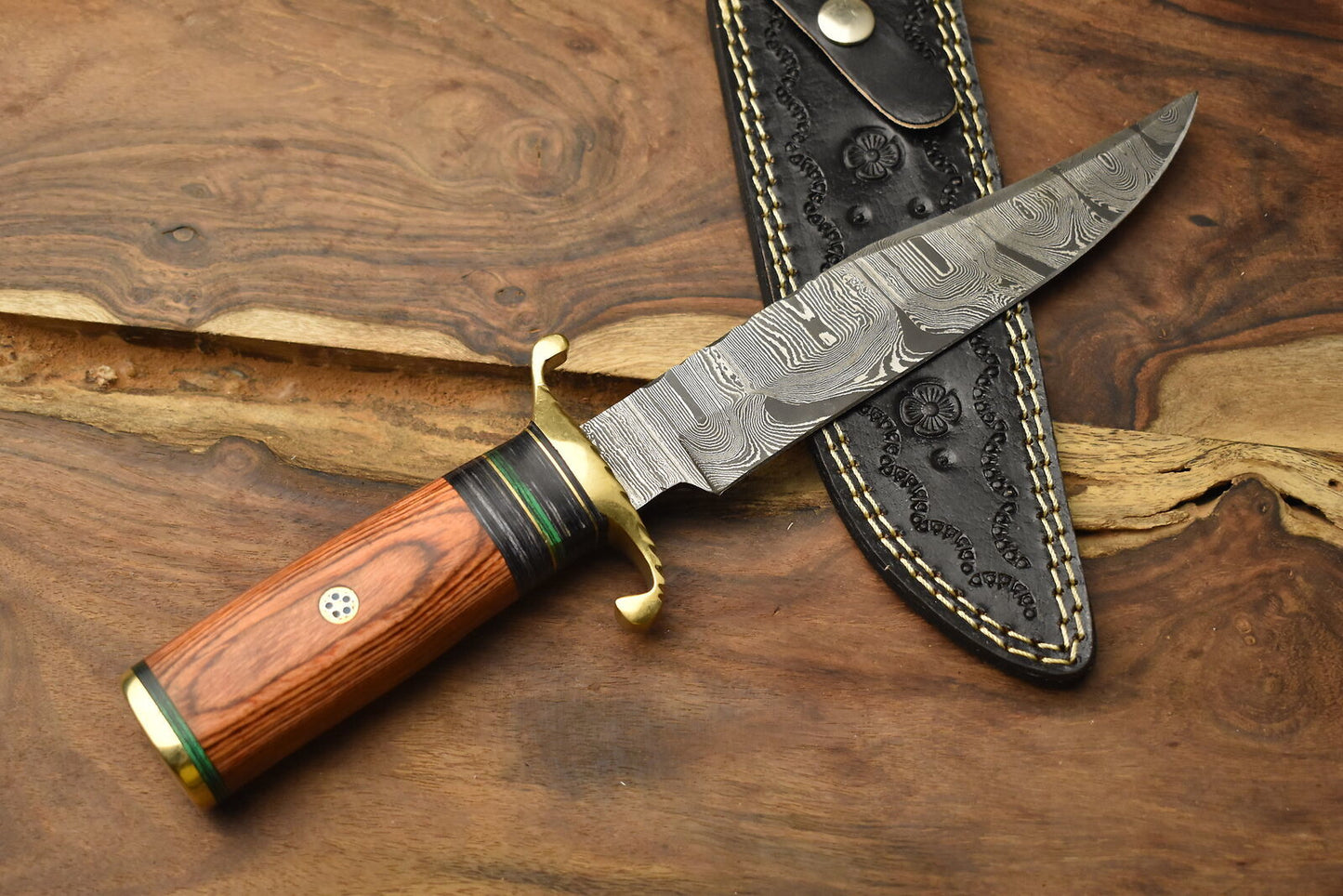 12 Inch Forged Damascus Bowie Knife with Hardwood Handle and Brass Guard