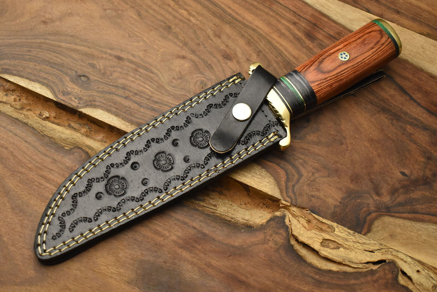 12 Inch Forged Damascus Bowie Knife with Hardwood Handle and Brass Guard