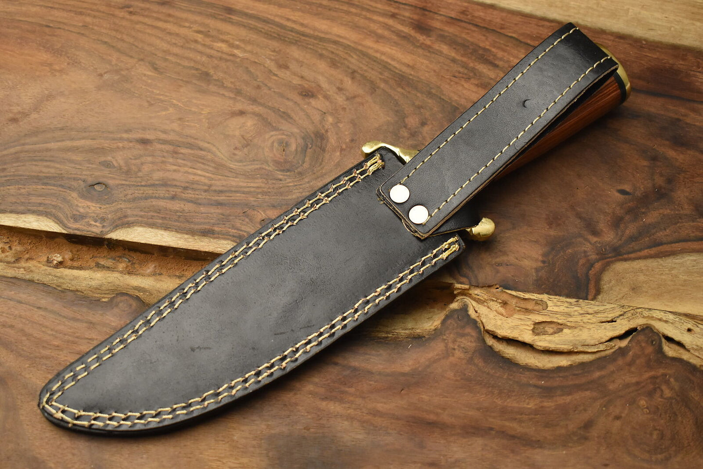 12 Inch Forged Damascus Bowie Knife with Hardwood Handle and Brass Guard