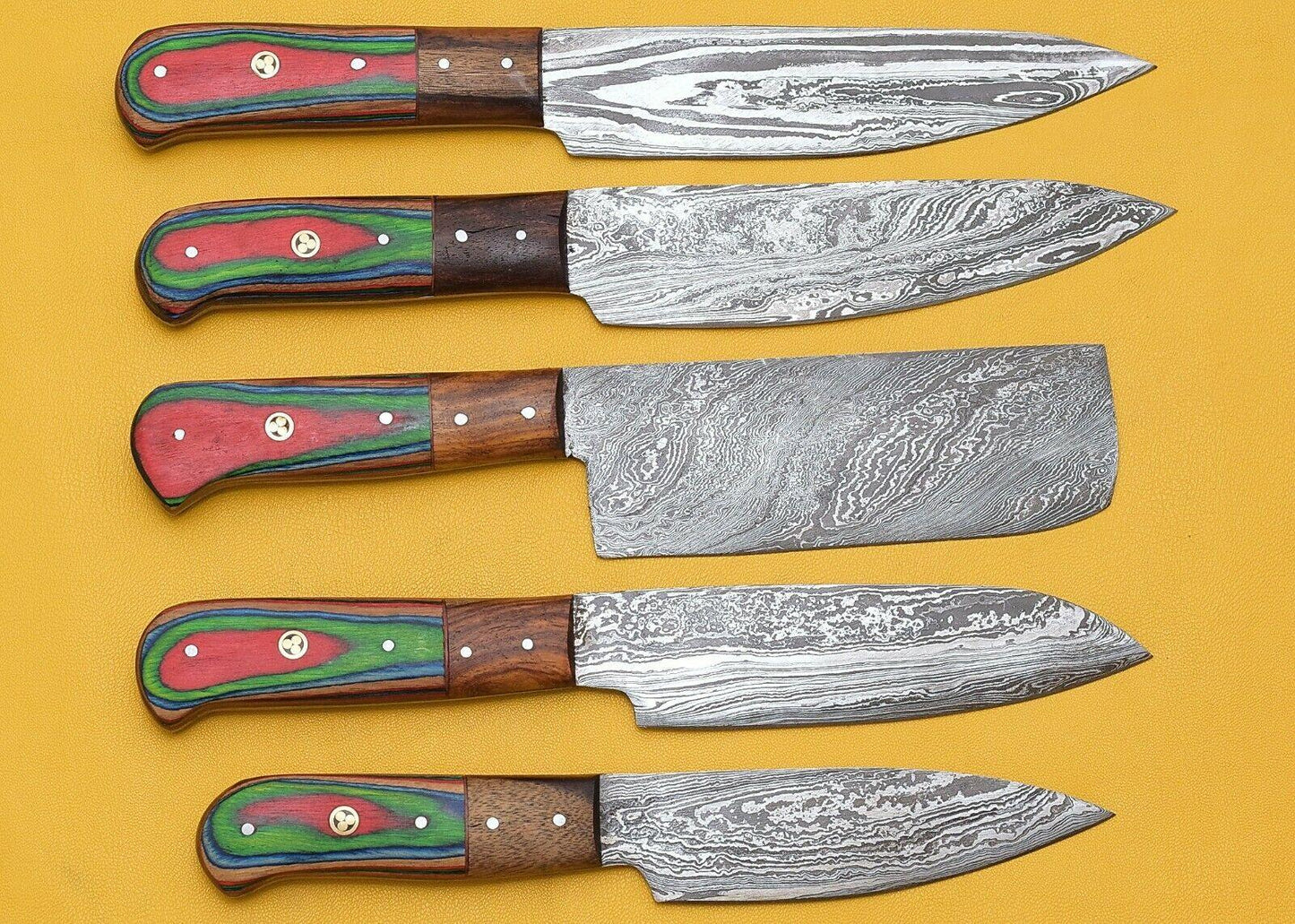 4pcs Japanese Kitchen Chef Knife Set – Damascus Pattern, High Carbon Stainless Steel Blades with Color Wood Handle