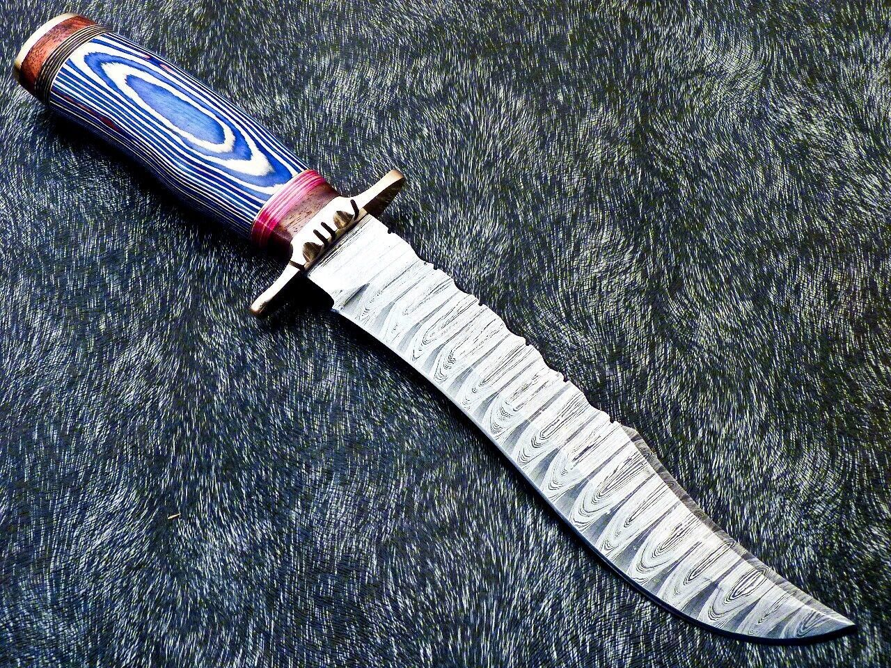 Damascus Steel Bowie Knife – 13 Inch Handmade Hunting Blade with Hardwood Handle