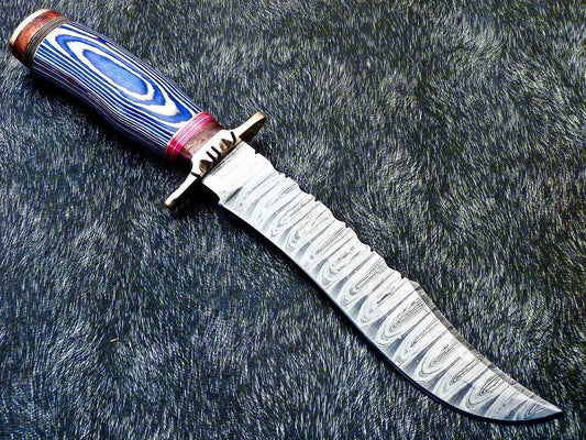 Damascus Steel Bowie Knife – 13 Inch Handmade Hunting Blade with Hardwood Handle