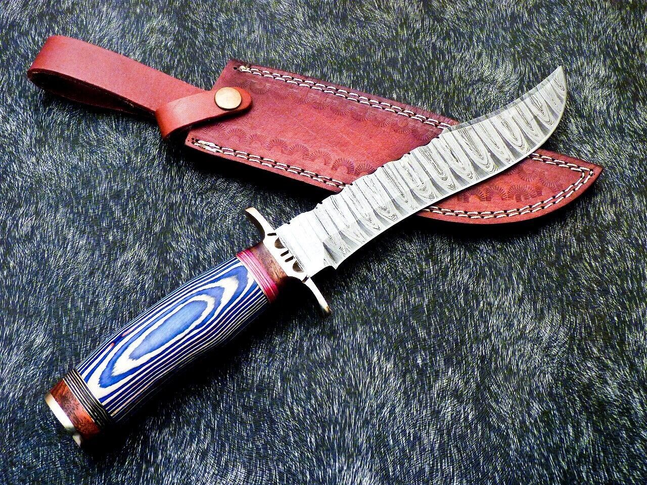 Damascus Steel Bowie Knife – 13 Inch Handmade Hunting Blade with Hardwood Handle