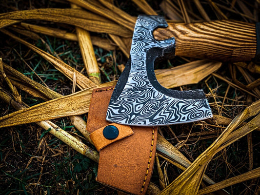 Custom Handmade Carbon Steel Hunting Axe with Ash Wood Handle and Leather Sheath