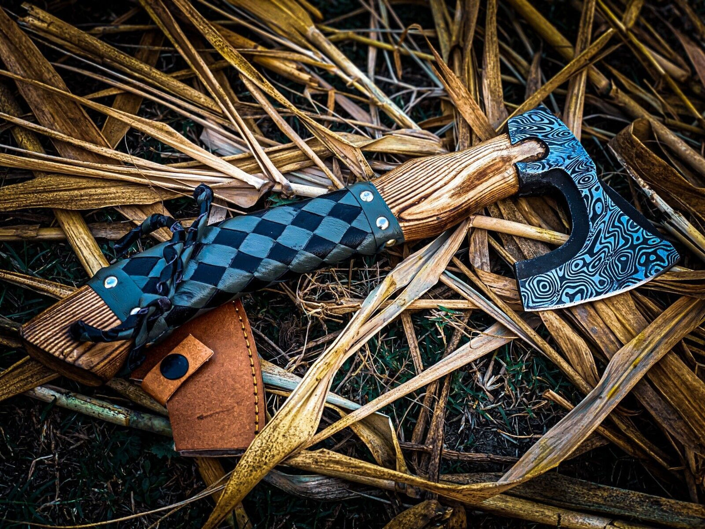 Custom Handmade Carbon Steel Hunting Axe with Ash Wood Handle and Leather Sheath