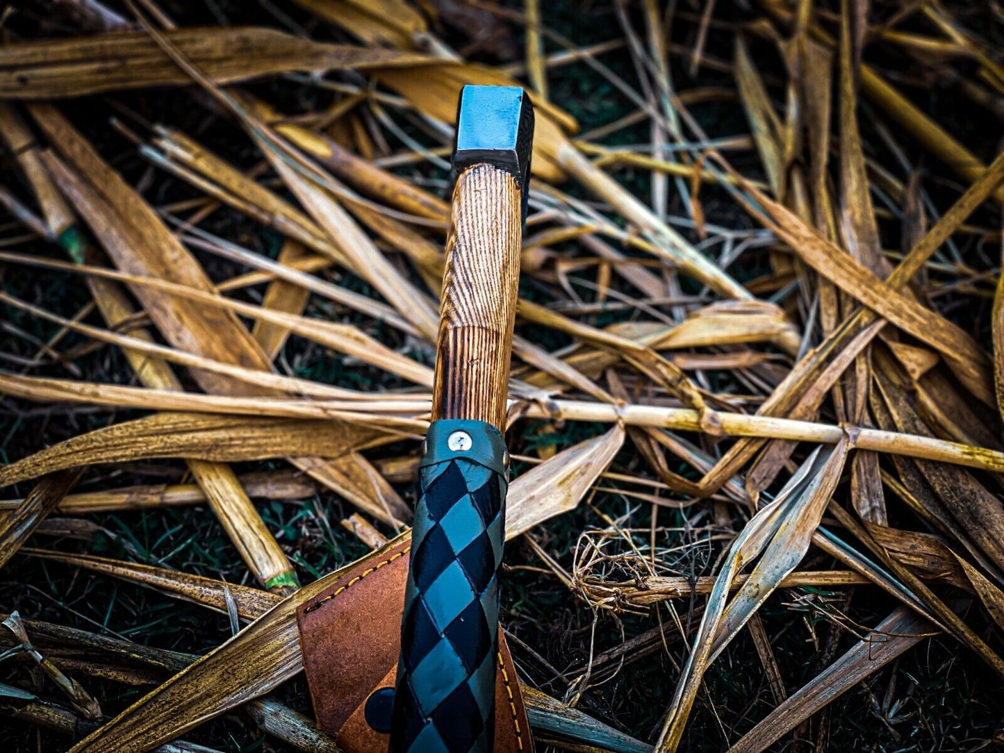 Custom Handmade Carbon Steel Hunting Axe with Ash Wood Handle and Leather Sheath