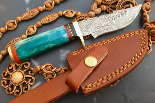 8" Custom Damascus Steel Hunting Knife with Camel Bone Handle – Bushcraft Skinner Knife