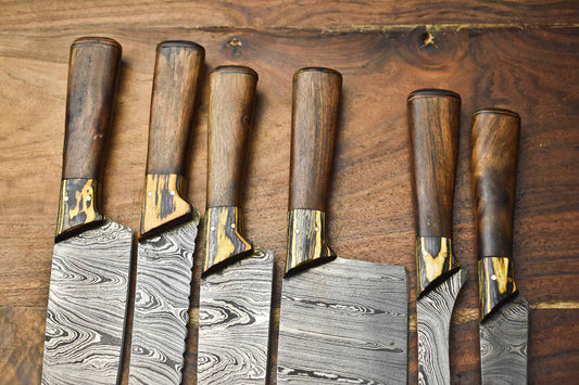 Custom Lot Of 6 Handmade Hammered Damascus Steel Blade Chef Set Knife