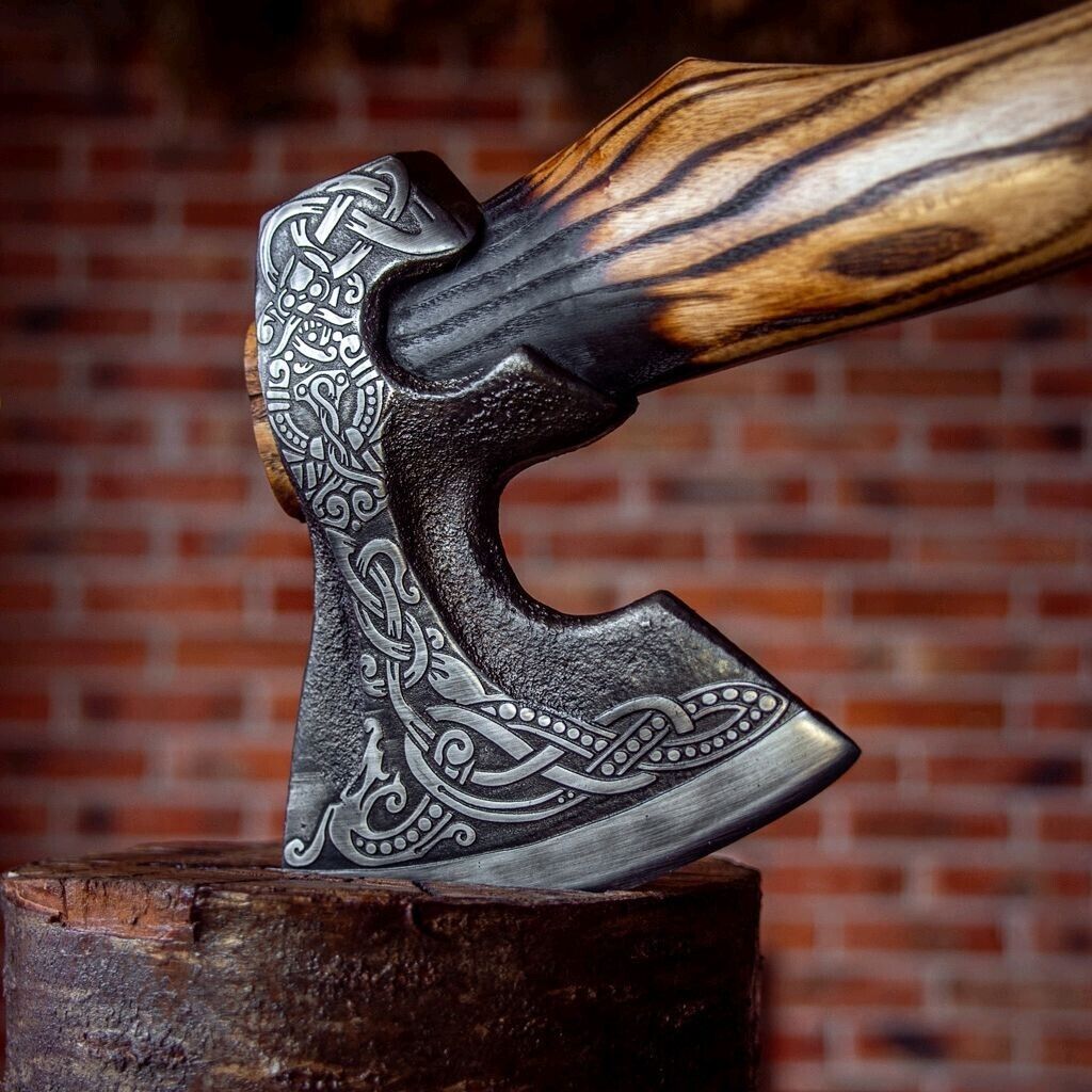 Hand Forged Ragnar Lothbrok Viking Axe Valhalla Carbon Steel Bearded Battle Hatchet with Leather Sheath