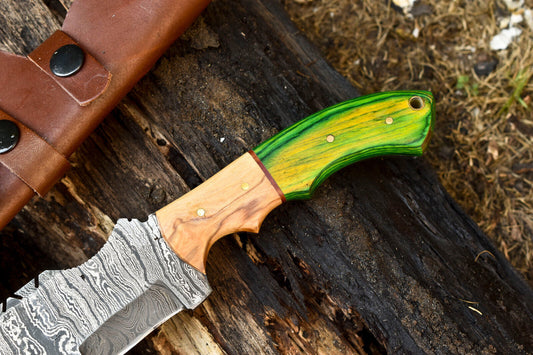 10" Custom Handmade Damascus Tracker Knife – Full Tang Blade, Hardwood Handle, Leather Sheath