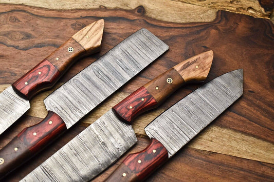 Lot of 4 Handmade Damascus Steel Chef Knife Set | 384 Layers | Hardwood Handle