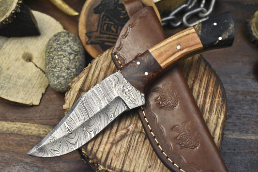 Twist Damascus Skinner Knife with Olive Wood Handle – Hand Forged EDC Hunting Blade