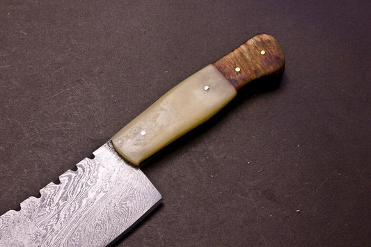 Custom Hand Forged Damascus Kitchen Chef Knife with Camel Bone & Hardwood Handle