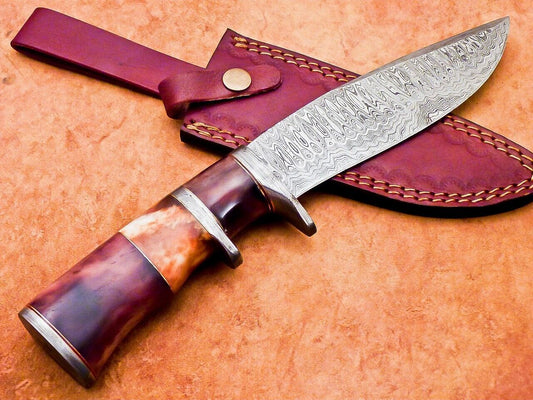 12" Handmade Damascus Bowie Knife with Camel Bone Handle & Leather Sheath