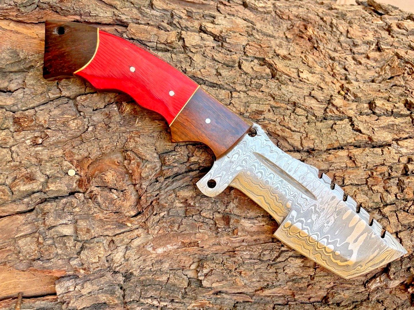 Custom Forged Damascus Steel Tracker Knife – Hunting, Camping, Bushcraft Boot Knife with Sheath