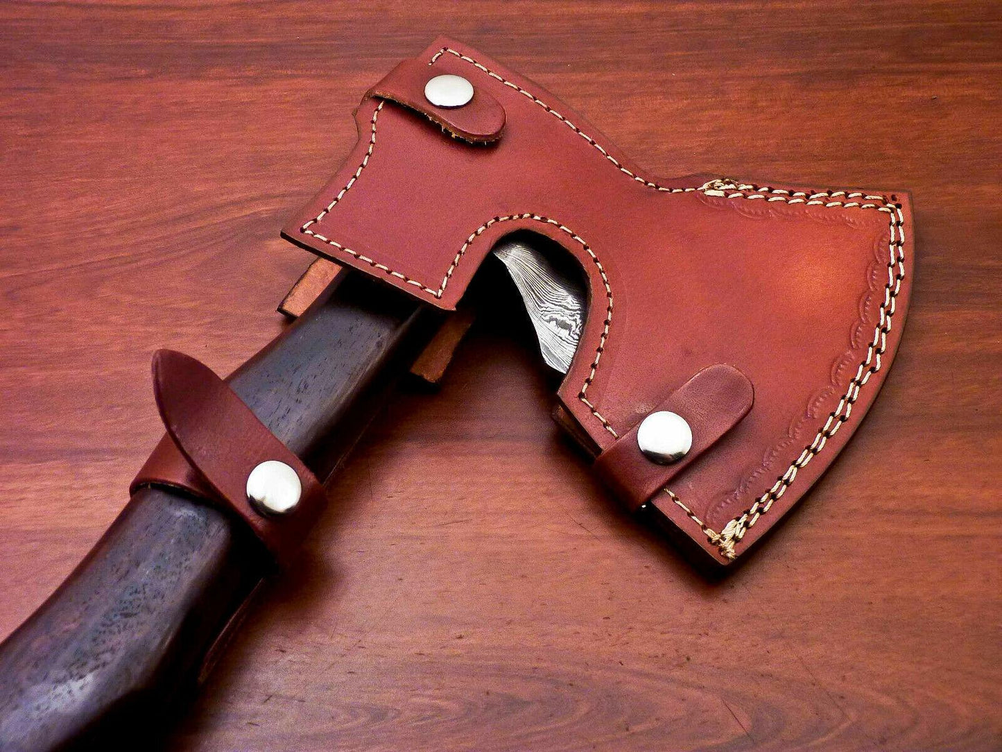 Handmade Damascus Steel Walnut Wood Tomahawk Hatchet Axe with Leather Sheath