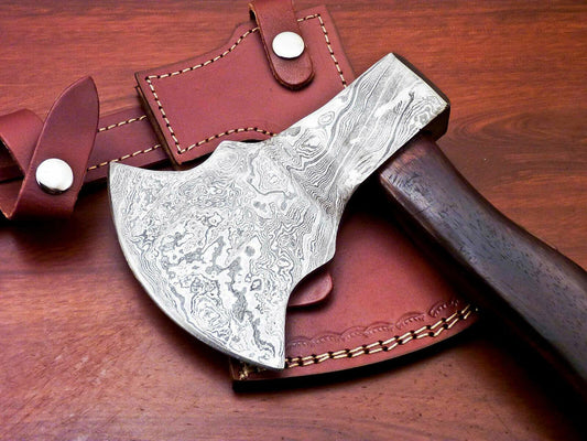 Handmade Damascus Steel Walnut Wood Tomahawk Hatchet Axe with Leather Sheath
