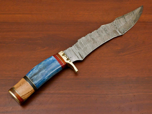 Handmade Damascus Bowie Knife – Stained Camel Bone & Wood Handle (14")