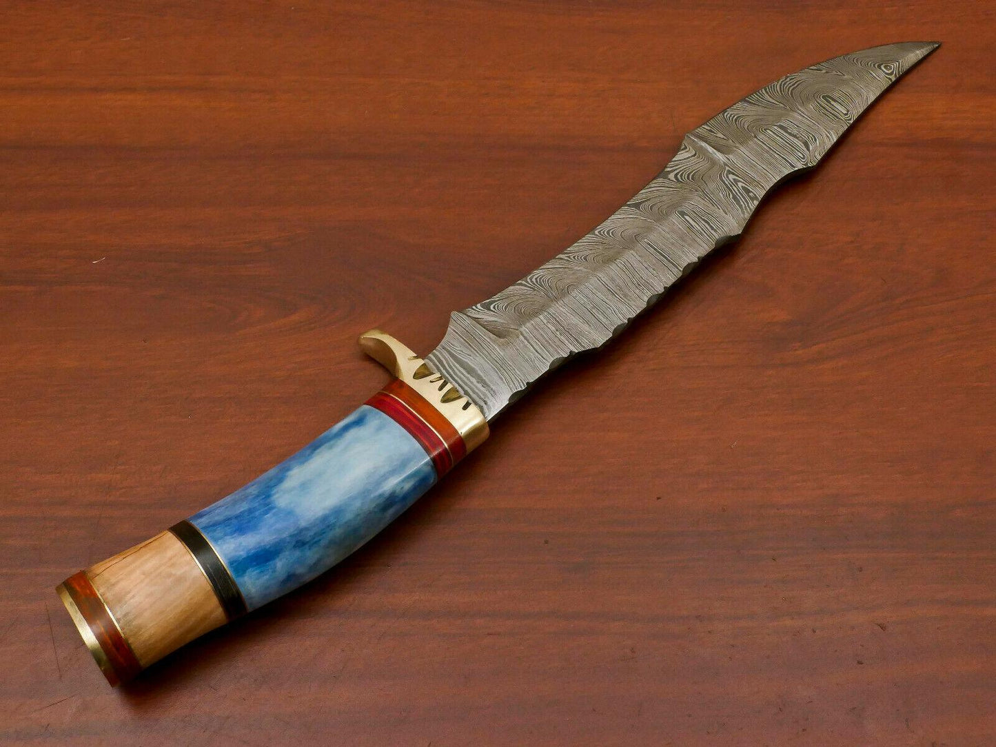 Handmade Damascus Bowie Knife – Stained Camel Bone & Wood Handle (14")