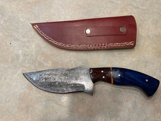 Damascus Tracker Survival Knife with Blue Wood & Carbon Fiber Handle – Leather Sheath