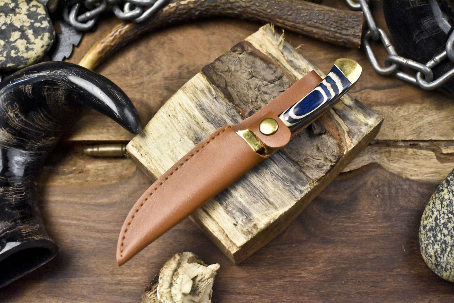8" Handmade Skinner Knife AUS-8 Steel Hard Wood Handle Brass Bolster with Leather Sheath Survival