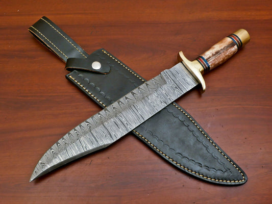 16 Inch Custom Hand Forged Damascus Steel Bowie Hunting Knife with Camel Bone Handle